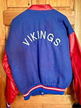 Vikings vintage Blue Wool-Blend Varsity Jacket with Red Leather Sleeves